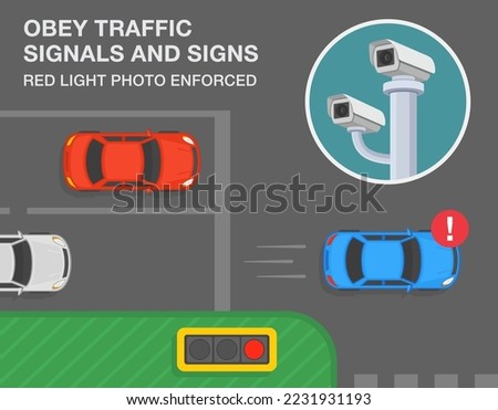 Safe driving tips and traffic regulation rules. Obey traffic signals and signs. Red light photo enforced. Close-up view. Flat vector illustration template.
