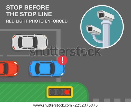 Safe driving tips and traffic regulation rules. Stop before the stop line. Red light photo enforced. Close-up view. Flat vector illustration template.