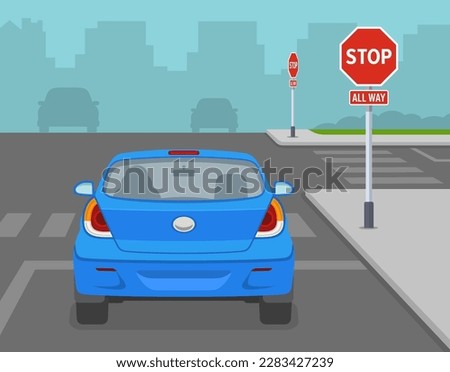 Safe driving tips and traffic regulation rules. Back view of a car stopped at "Stop all way" sign. Flat vector illustration template.