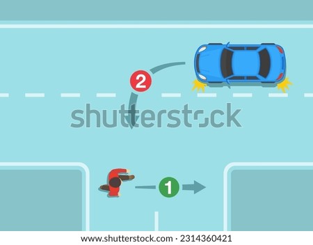 Safe driving tips and traffic regulation rules. Give way to pedestrians crossing or waiting to cross at T-intersection. Top view. Flat vector illustration template.