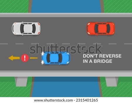 Safe driving tips and traffic regulation rules. Do not reverse in a bridge. Top view of a reverse moving car. Flat vector illustration template.