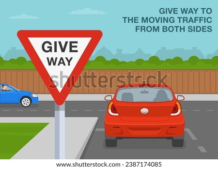 Safe driving tips and traffic regulation rules. Back view of a car stopped at junction. Close-up of a 