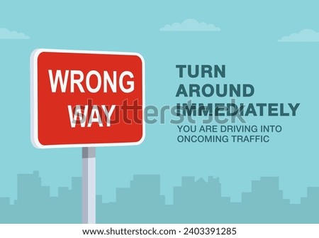 Safe driving tips and traffic regulation rules. Close-up of United States wrong way sign. Turn around immediately. Flat vector illustration template.