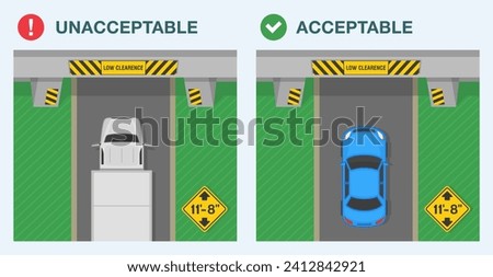 Safe driving tips and traffic regulation rules. Unacceptable and acceptable height or width. Top view of a truck and sedan car moving under the bridge. Flat vector illustration template.