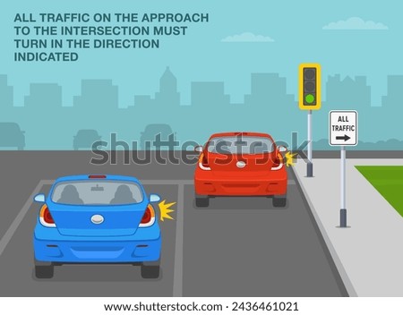 Safe driving tips and traffic regulation rules. All traffic turn right sign meaning. Back view of a traffic flow turning right at the intersection. Flat vector illustration template.