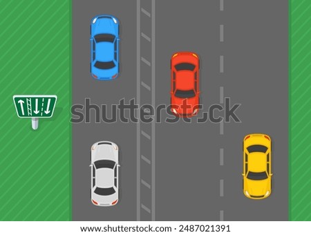 Safe driving tips and traffic regulation rules. Top view of a traffic flow on a british motorway. Single lane traffic with two lanes in the opposite direction. Flat vector illustration template.