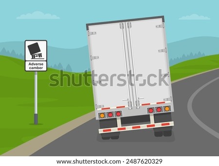 Safe driving tips and traffic regulation rules. Back view of a heavy goods vehicle on a dangerous turn. Semi trailer is about to rollover. Flat vector illustration template.