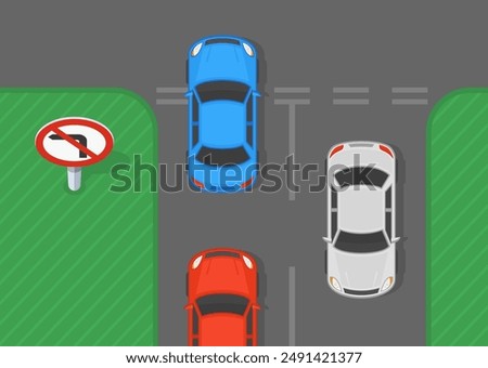 Safe driving tips and traffic regulation rules. Junction with "No left turn" sign. Top view of a traffic flow. Flat vector illustration template.