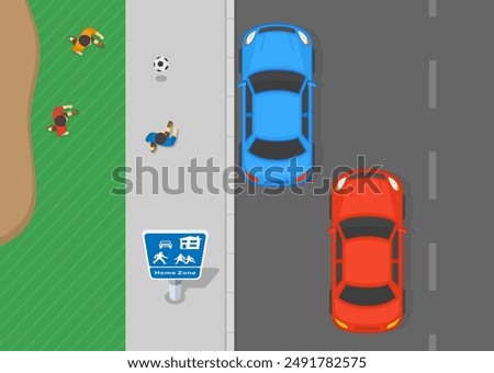 Safe driving tips and traffic regulation rules. Red car is approaching the "Home zone" sign area. Top view. Flat vector illustration template.