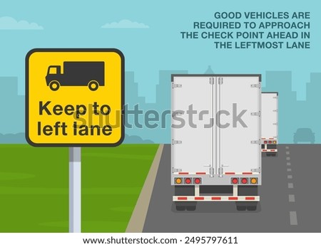 Safe driving tips and traffic regulation rules. Close-up of a british "heavy goods vehicles keep to left lane" road sign. Back view of lorries on motorway. Flat vector illustration template.