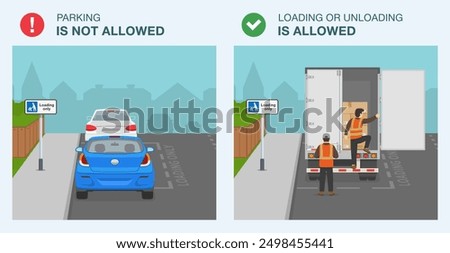 Safe driving tips and traffic regulation rules. Legal and illegal parking. Back view of a cars parked at 