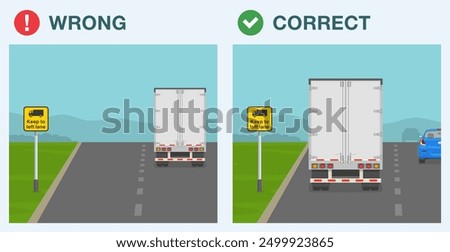 Safe driving tips and traffic regulation rules. Correct and incorrect driving. Back view of a goods vehicle at "keep to left lane" sign area. Flat vector illustration template.