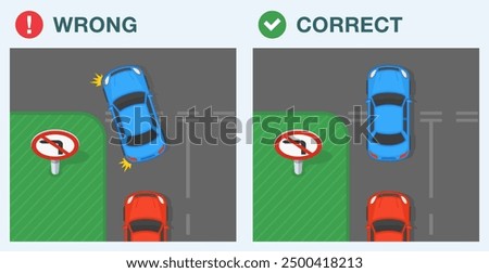 Safe driving tips and traffic regulation rules. Correct and incorrect driving. Top view of a traffic flow on a junction with "no left turn" sign. Flat vector illustration template.
