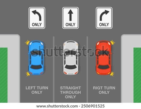 Safe driving tips and traffic regulation rules. United States road signs meaning. Go straight, right turn only and left turn only. Top view of cars on intersection. Flat vector illustration template.