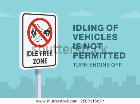 Safe driving tips and traffic regulation rules. Close-up of United States "idle free zone" sign. Idling of vehicles is not permitted. Flat vector illustration template.