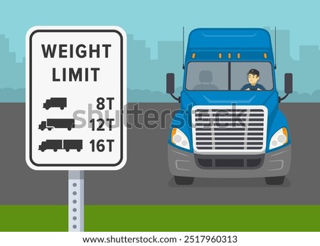 Safe driving tips and traffic regulation rules. Close-up view of a "Weight limit with truck symbols" sign. Front view of a blue truck. Flat vector illustration template.