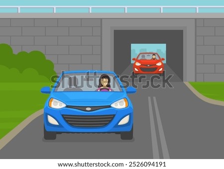 Safe driving tips and traffic regulation rules. Front view of cars going through the one lane underpass tunnel. Flat vector illustration template.