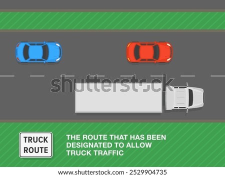 Safe driving tips and traffic regulation rules. United States "truck route" sign meaning. Top view of a traffic flow on highway. Flat vector illustration template.