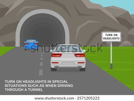 Safe driving tips and traffic regulation rules. United States "turn on headlights" sign meaning. Back view of a steam of cars entering the tunnel. Flat vector illustration template.