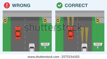 Safe driving tips and traffic regulation rules. Correct and wrong driving. Traffic flow entering the tunnel. Turn on headlights sign area. Flat vector illustration template.
