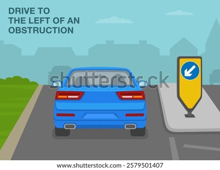Safe driving tips and traffic regulation rules. Back view of a car passing the traffic island with illuminated bollard. Drive to the left of an obstruction. Flat vector illustration template.