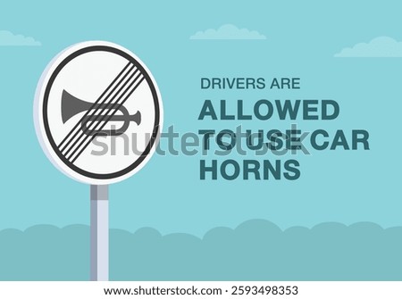 Safe driving tips and traffic regulation rules. Close-up of european "end of no honking" sign meaning. Drivers are allowed to use car horns. Flat vector illustration template.