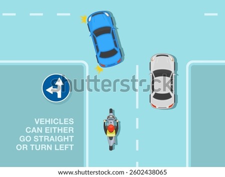 Safe driving tips and traffic regulation rules. European sign. Vehicles can go straight or turn left. Top view of a traffic flow at intersection. Flat vector illustration template.
