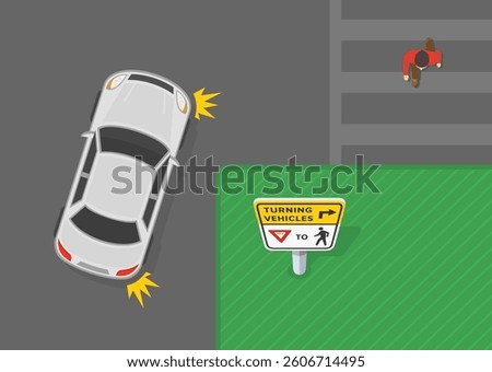 Safe driving tips and traffic regulation rules. Top view of a car turning right. 