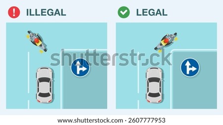 Safe driving tips and traffic regulation rules. Legal and illegal turn. Go straight or turn right european sign. Top view of a motorcycle at intersection. Flat vector illustration template.