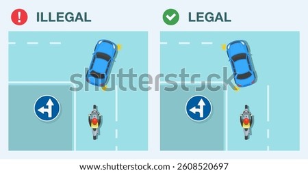 Safe driving tips and traffic regulation rules. Legal and illegal driving. Go straight or turn left european sign. Top view of a traffic flow at intersection. Flat vector illustration template.