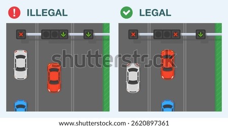 Safe driving tips and traffic regulation rules. Legal and illegal drive on a road with lane control signals. Top view of a traffic flow moving opposite direction. Flat vector illustration template.