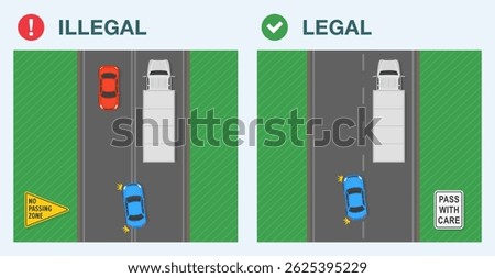 Safe driving tips and traffic regulation rules. Legal and illegal driving. No passing zone. Top view of a car overtaking the truck. Flat vector illustration template.