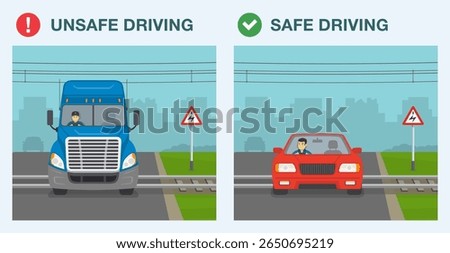 Safe driving tips and traffic regulation rules. Safe and unsafe driving. Truck get caught on the power lines at level crossing. Front view. Flat vector illustration template.