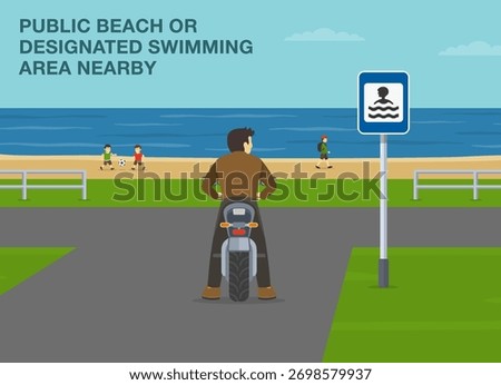 Safe driving tips and traffic regulation rules. Public beach scenery. Male motorcycle rider stopped at swimming area sign. Back view. Flat vector illustration template.
