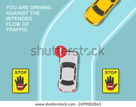 Safe driving tips and traffic regulation rules. Wrong way sign area. Top view of a white car driving against the flow of traffic. Flat vector illustration template.