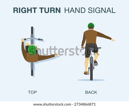 Safe driving tips and traffic regulation rules. Isolated cyclist showing right turn hand signal. Back and top view. Flat vector illustration template.