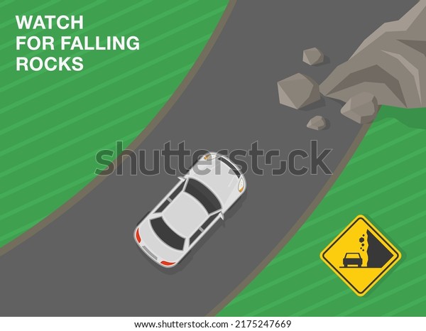 Safe driving tips and traffic\
regulation rules. Landslides and rockfalls on the road in the\
mountains. Watch for falling rocks. Flat vector illustration\
template.