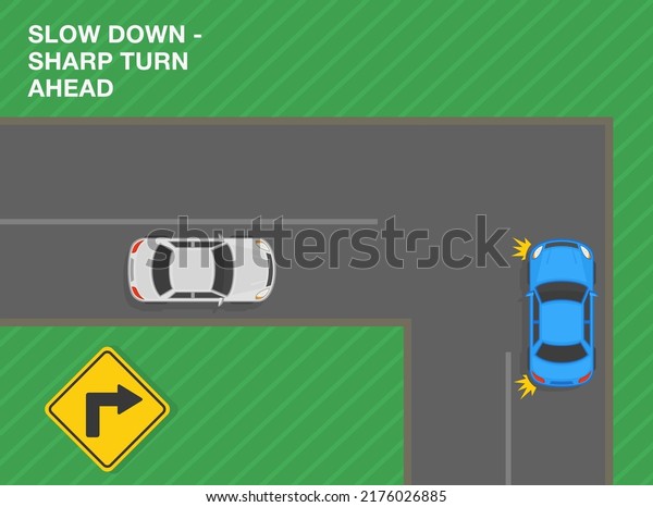 Safe driving tips and traffic
regulation rules. Slow down, sharp turn ahead. Road sign meaning.
Top view of a city road. Flat vector illustration
template.