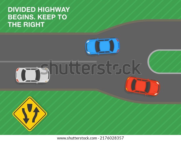 Safe driving tips and\
traffic regulation rules. Divided highway begins, keep to the\
right. Road sign meaning. Top view of a city road. Flat vector\
illustration template.