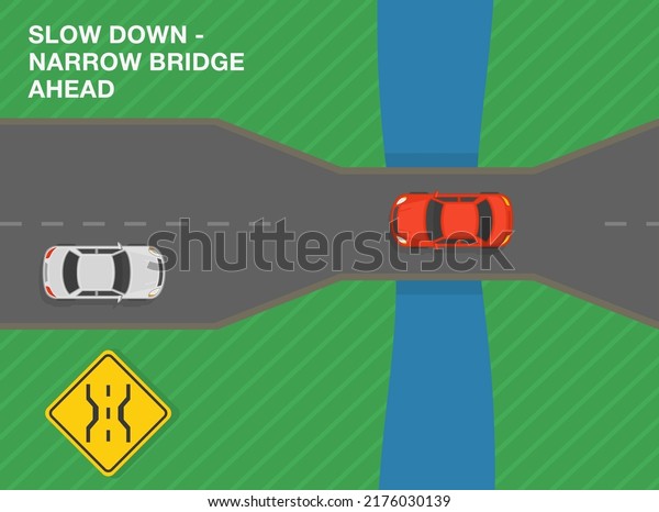 Safe driving tips and traffic\
regulation rules. Slow down, narrow bridge ahead. Road sign\
meaning. Top view of a city road. Flat vector illustration\
template.