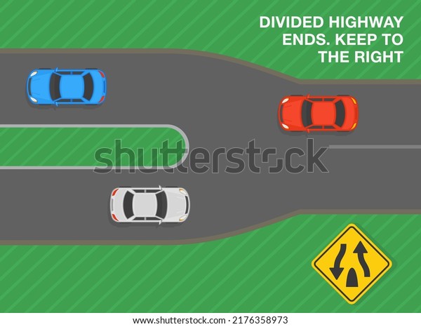 Safe driving tips and
traffic regulation rules. Divided highway ends, keep to the right.
Road sign meaning. Top view of a city road. Flat vector
illustration template.