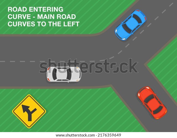 Safe driving\
tips and traffic regulation rules. Road entering curve, main road\
curves to the left. Road sign meaning. Top view of a city road.\
Flat vector illustration\
template.