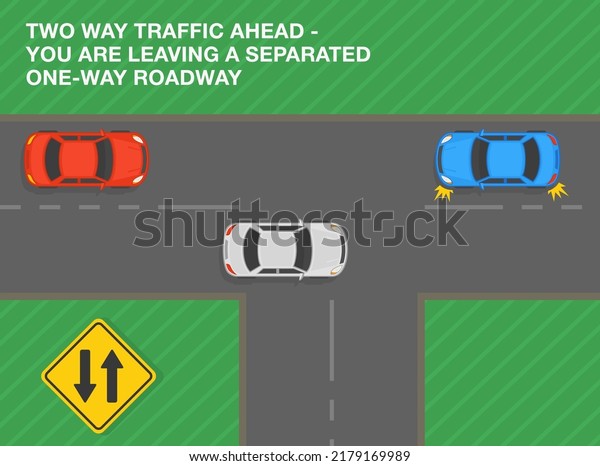 Safe driving tips and traffic regulation rules.\
Two way traffic ahead, you are leaving a separated one-way roadway.\
Road sign meaning. Top view of a city road. Flat vector\
illustration template.