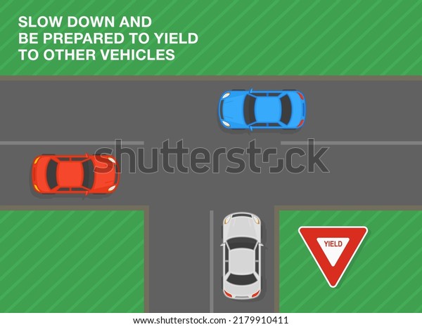 Safe driving tips and traffic regulation rules.\
Slow down and be prepared to yield to other vehicles. Red triangle\
road sign meaning. Top view of a city road. Flat vector\
illustration template.