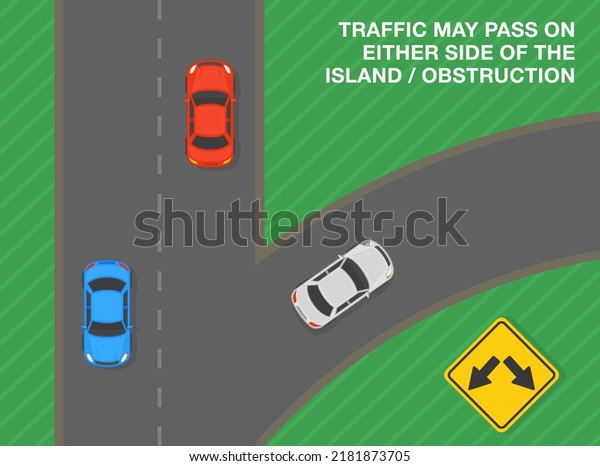 Safe\
driving tips and traffic regulation rules. Traffic may pass either\
side of the island, obstruction. Road sign meaning. Top view of a\
city road. Flat vector illustration\
template.