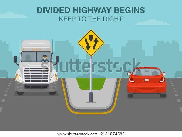 Safe driving tips and traffic\
regulation rules. Divided highway begins, keep to the right.\
Traffic flow on city highway. Flat vector illustration\
template.