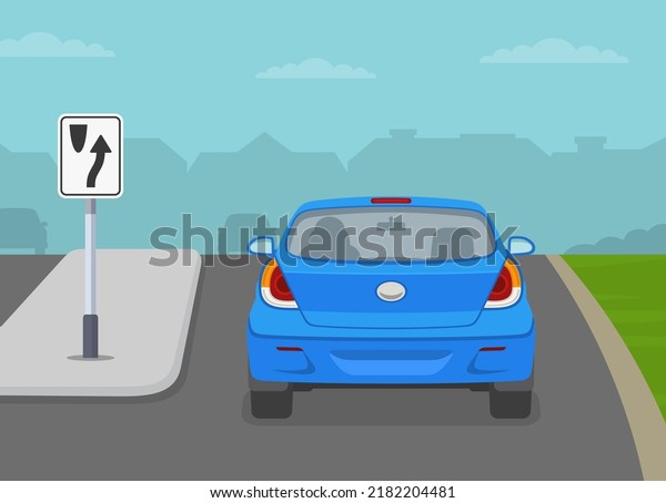 Safe driving\
tips and traffic regulation rules. Keep to the right of traffic\
islands or obstruction. Back view of a blue car on divided road.\
Flat vector illustration\
template.
