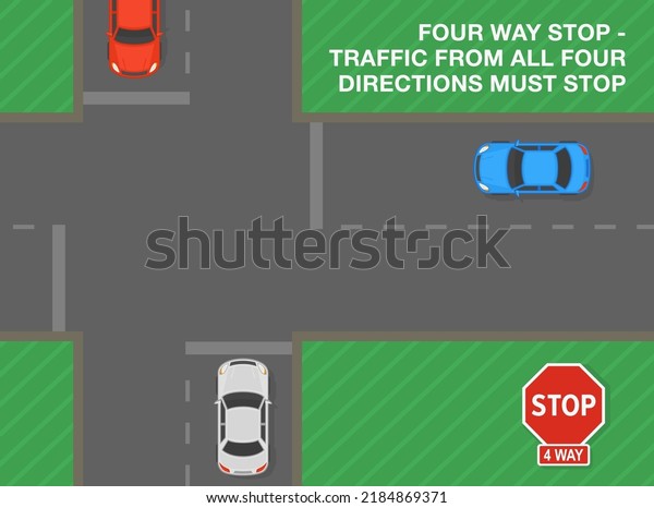 Safe\
driving tips and traffic regulation rules. Four way stop, traffic\
from all four directions must stop. Road sign meaning. Top view of\
a city road. Flat vector illustration\
template.