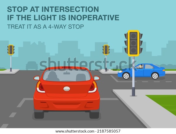 Safe driving tips and\
traffic regulation rules. Stop at intersection if the traffic light\
is inoperative, treat it as a 4-way stop. Flat vector illustration\
template.