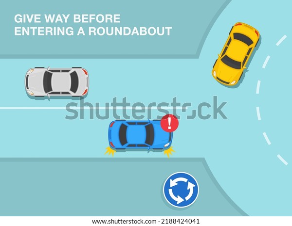 Safe driving tips and\
traffic regulation rules. Priority inside the roundabout. Yield\
before entering a roundabout. Top view. Flat vector illustration\
template.